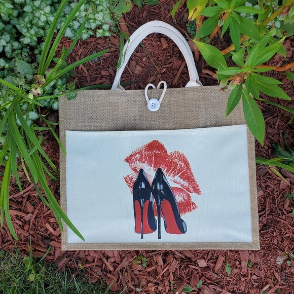 Custom Canvas Tote Bag, Large Size - Red Lips & Heels Theme Cream Tote - Picture 11 of 16
